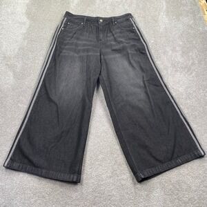 ADIDAS Women Denim Wide Leg Pants Black Track Stripe Logo Casual Size 32 X 30